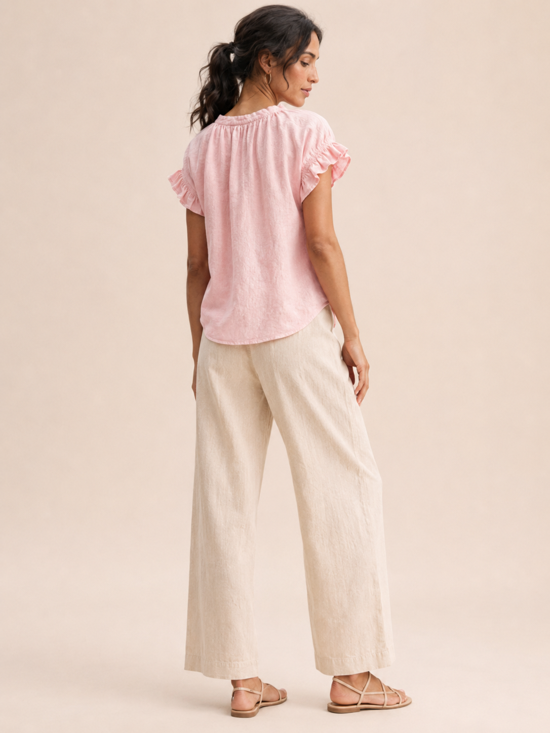 Ines | V-Neck Flared Sleeve Linen-Blend Blouse