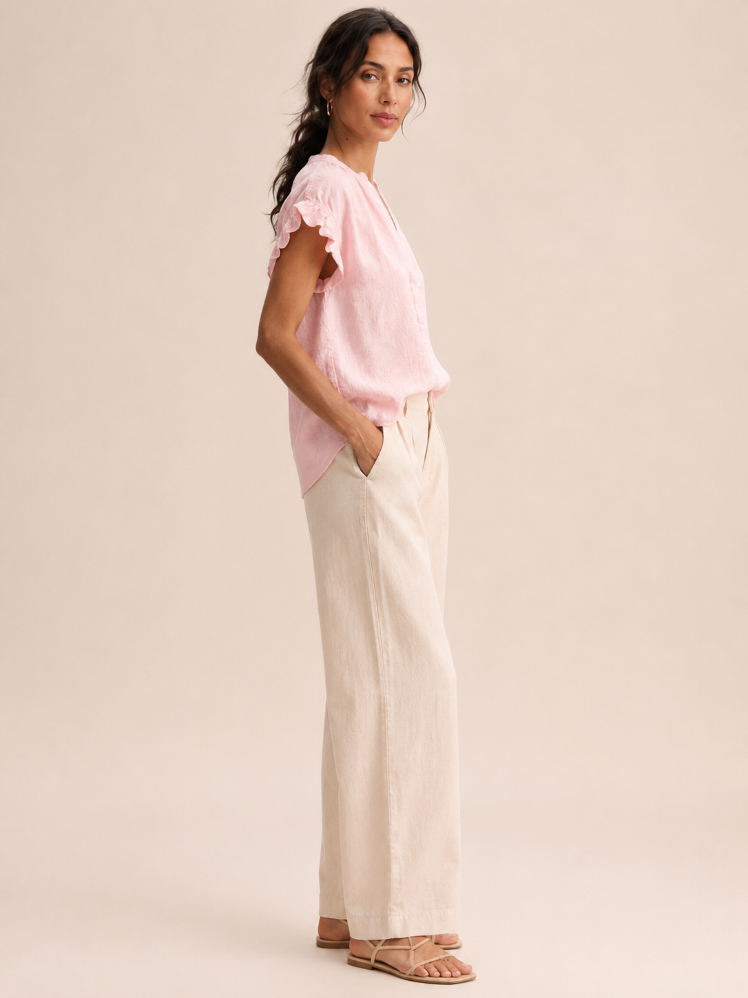 Ines | V-Neck Flared Sleeve Linen-Blend Blouse