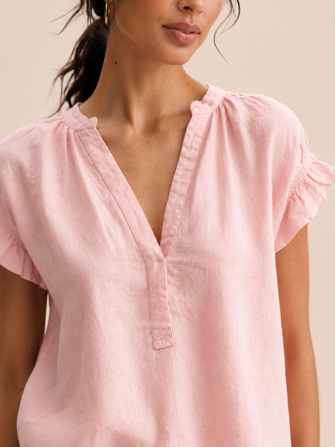 Ines | V-Neck Flared Sleeve Linen-Blend Blouse