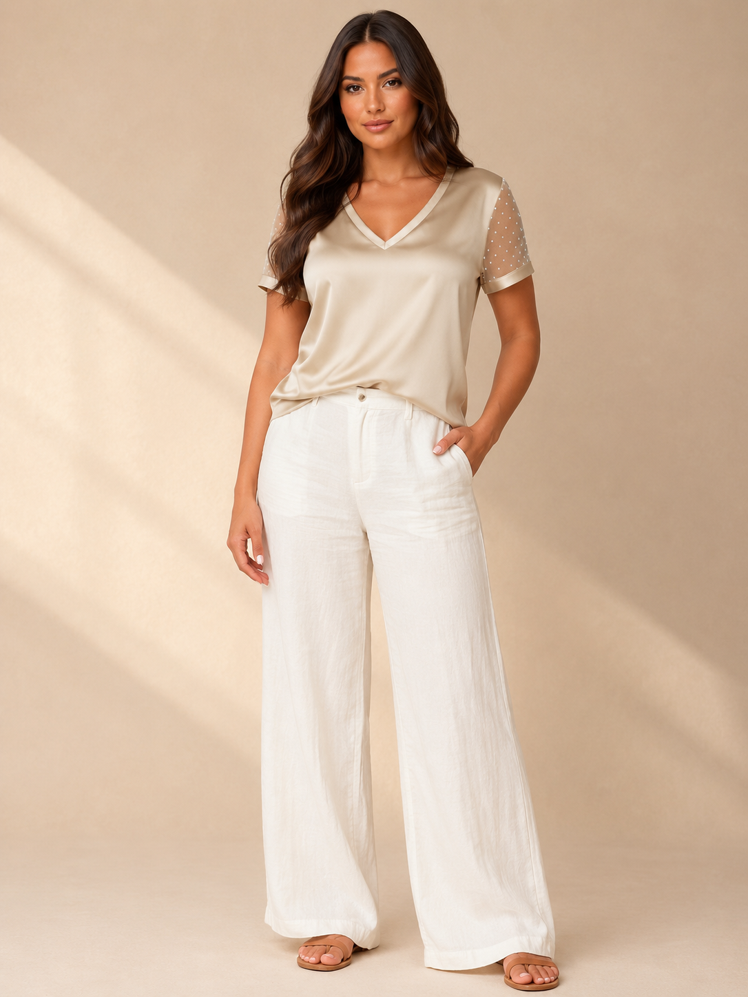 Blair | Sheer Sleeve Satin-Look V-Neck Top