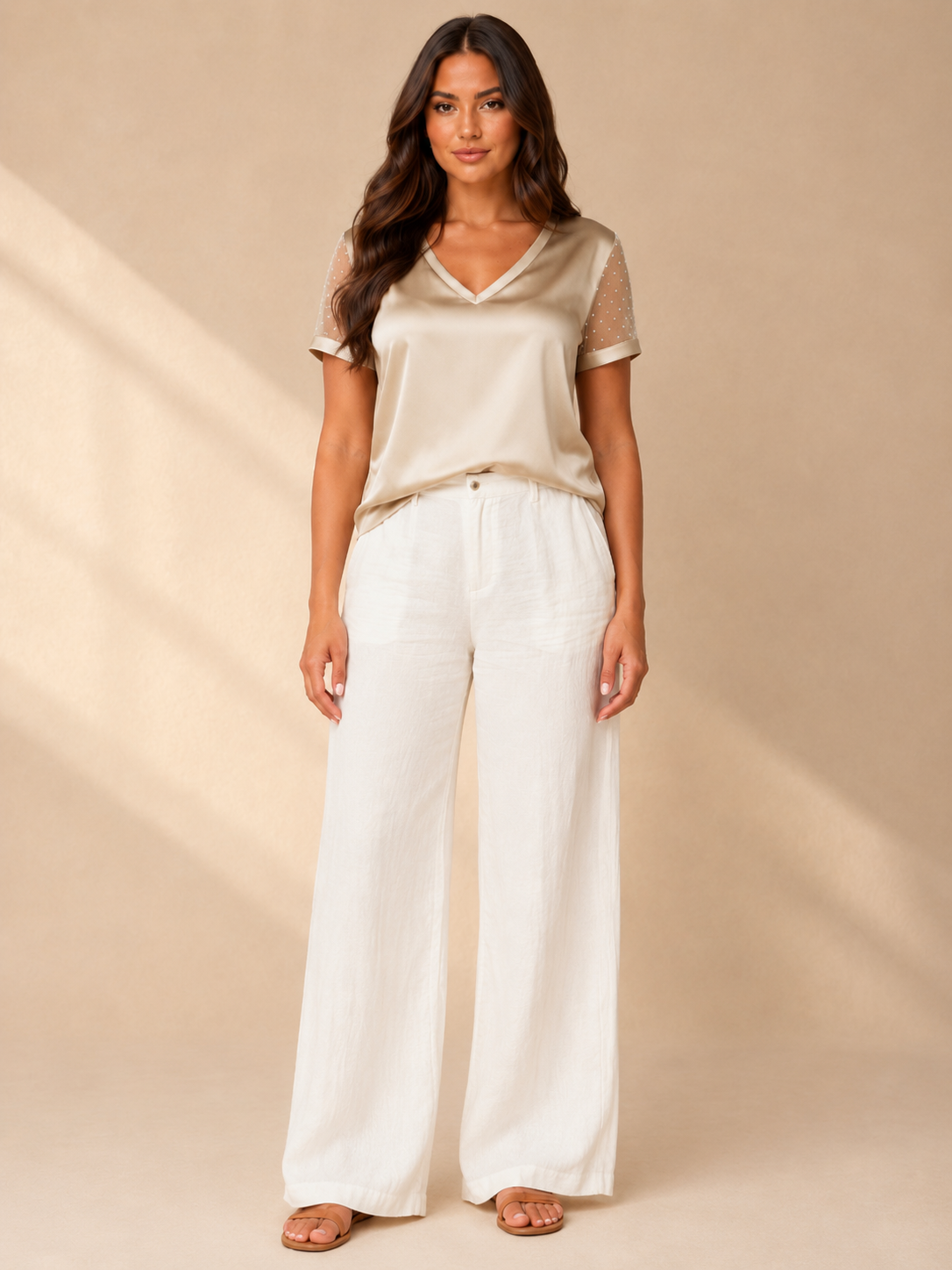 Blair | Sheer Sleeve Satin-Look V-Neck Top
