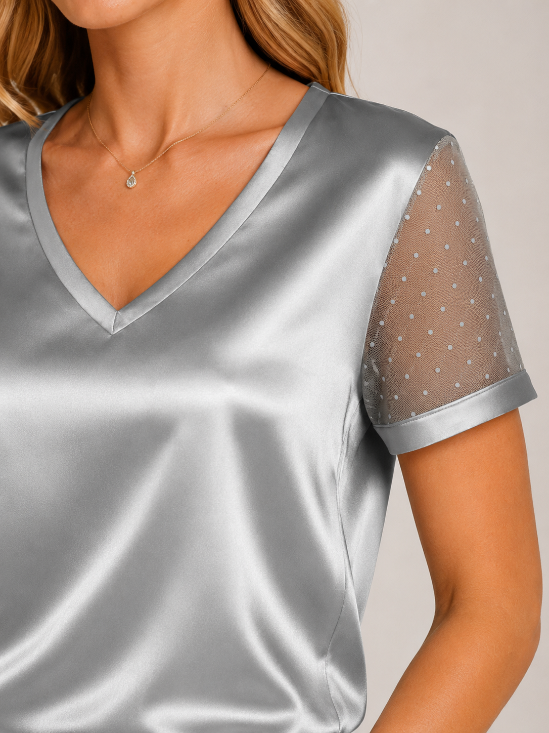 Blair | Sheer Sleeve Satin-Look V-Neck Top