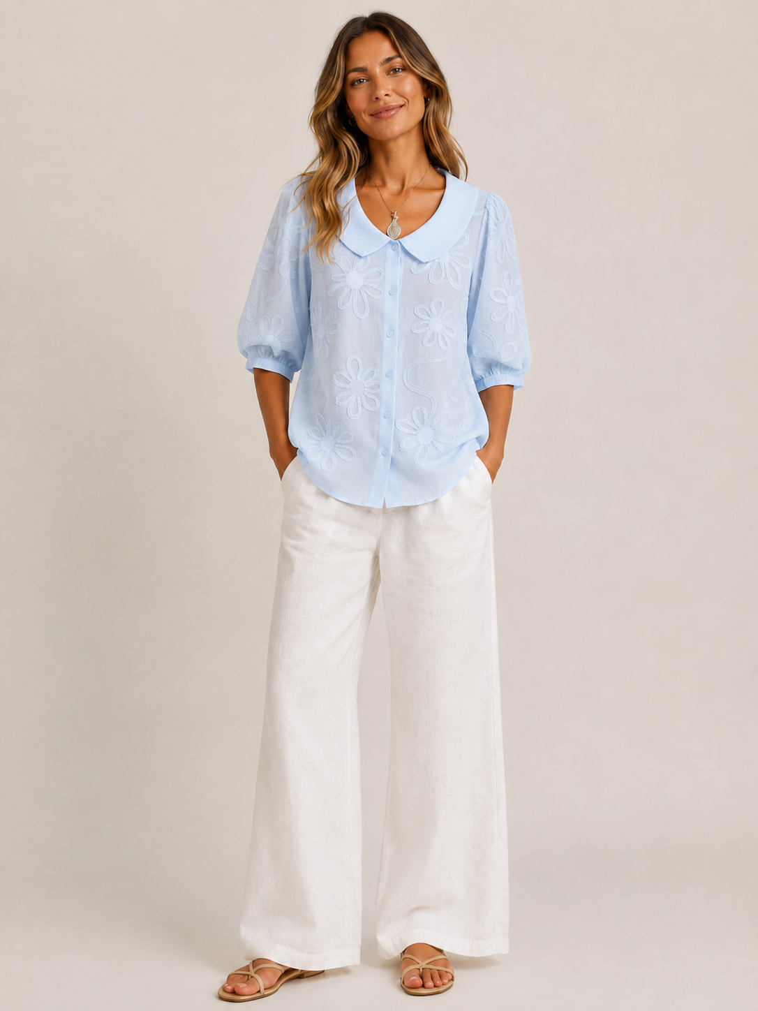 Vera | Floral Embroidered Round Collar Blouse