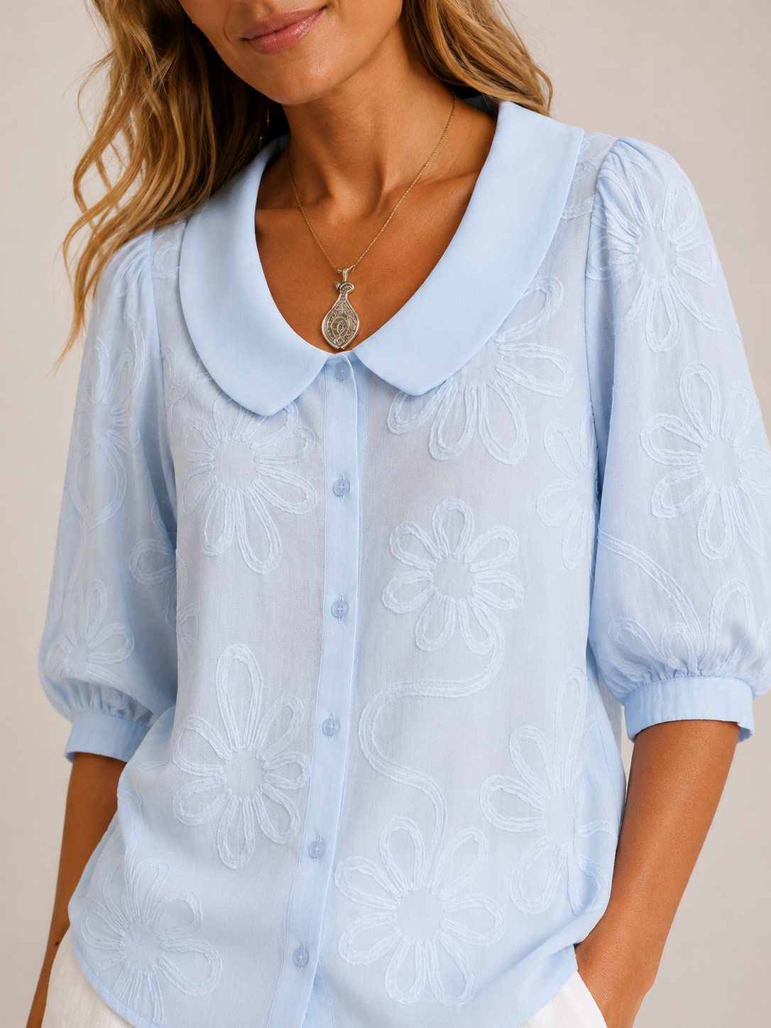 Vera | Floral Embroidered Round Collar Blouse