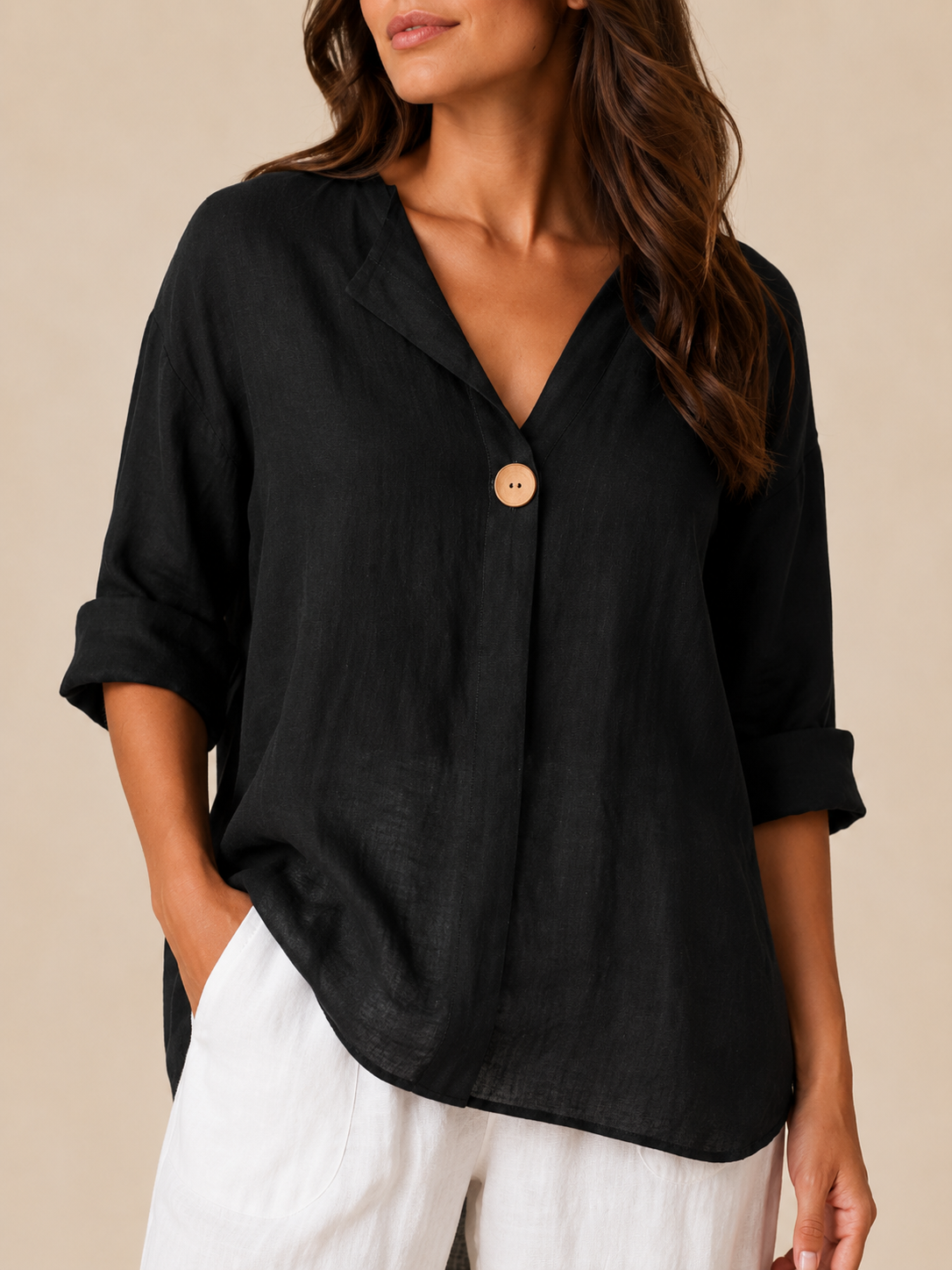 Orla | 3/4 Sleeve Open Collar Linen-Look Blouse