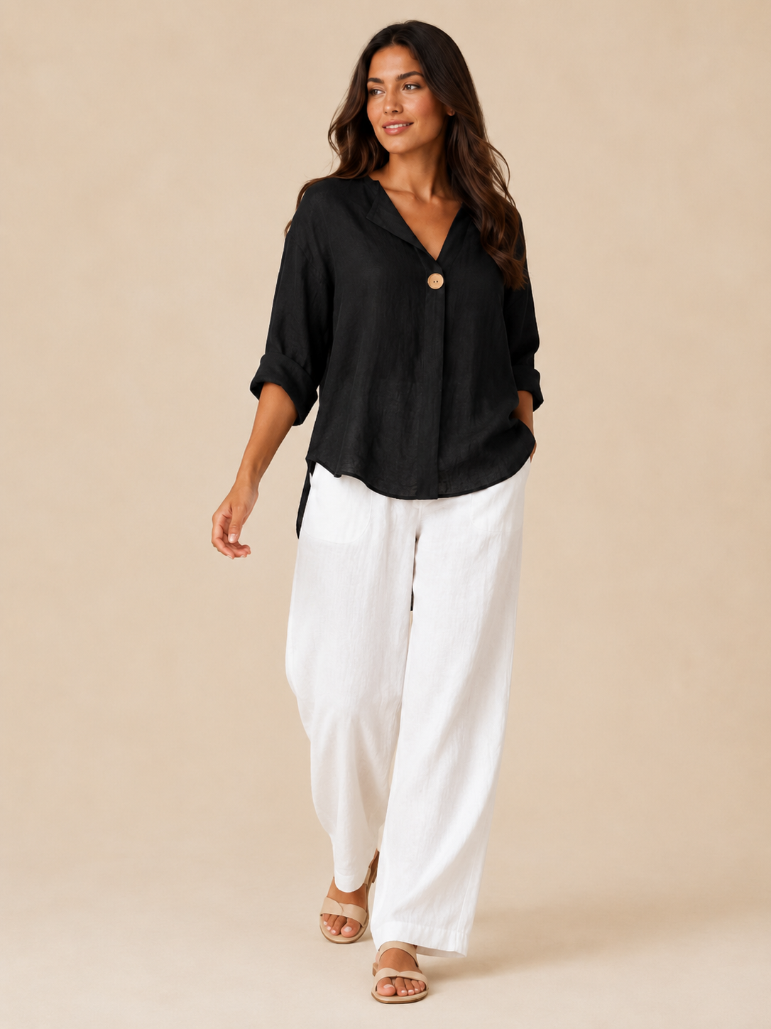 Orla | 3/4 Sleeve Open Collar Linen-Look Blouse