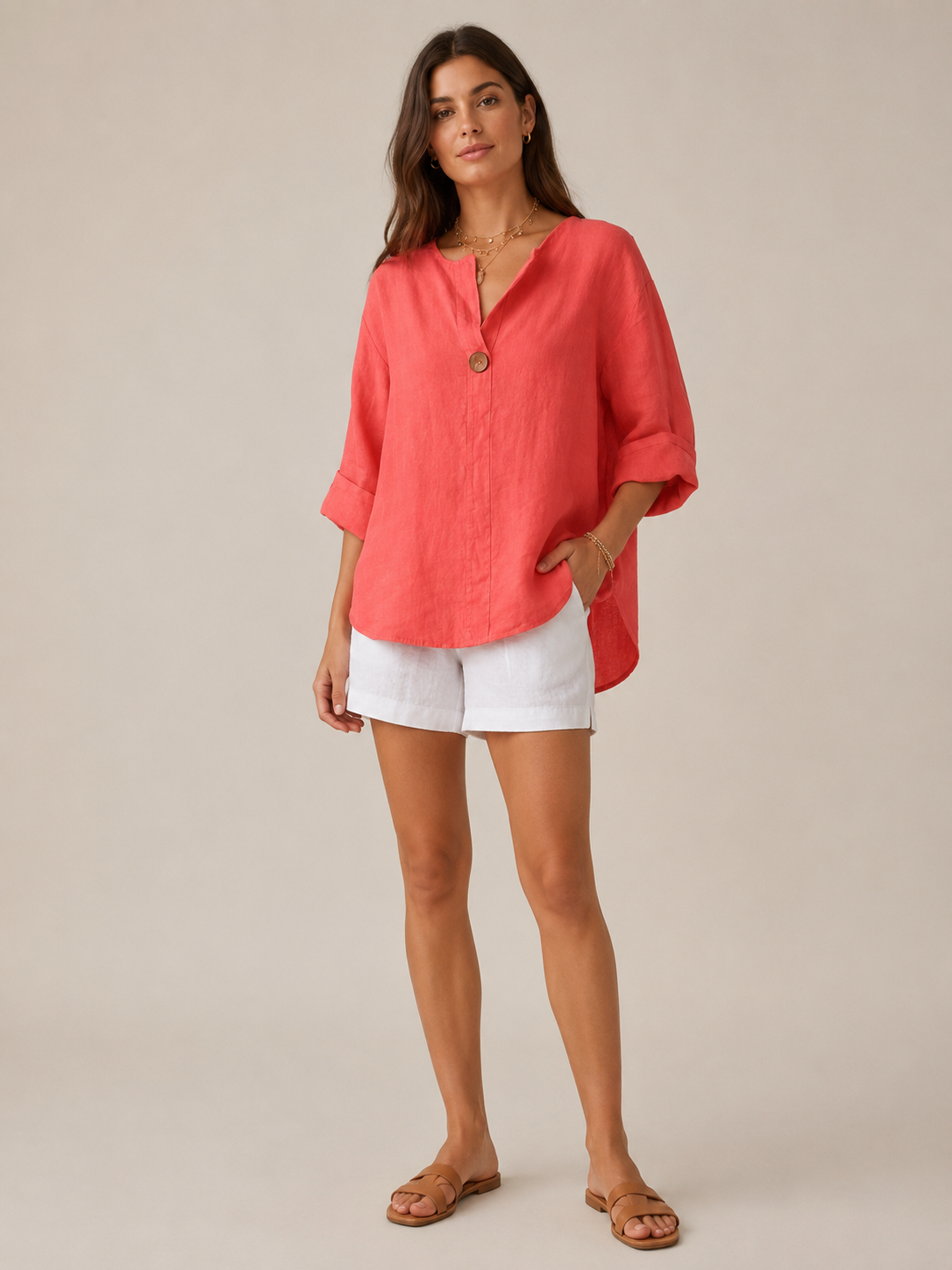 Orla | 3/4 Sleeve Open Collar Linen-Look Blouse