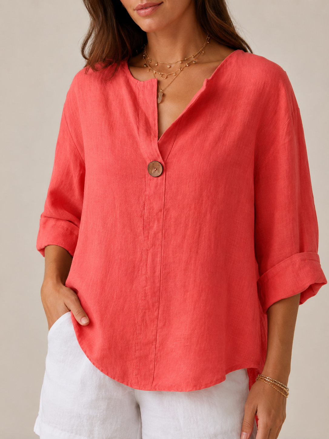 Orla | 3/4 Sleeve Open Collar Linen-Look Blouse