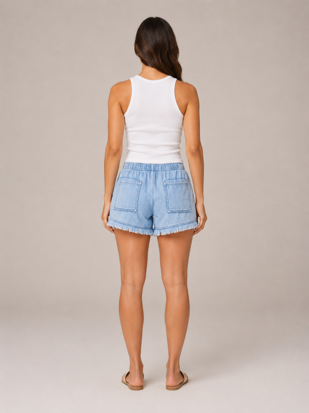 Florencia | Elastic Waist Raw Hem Denim-Look Shorts