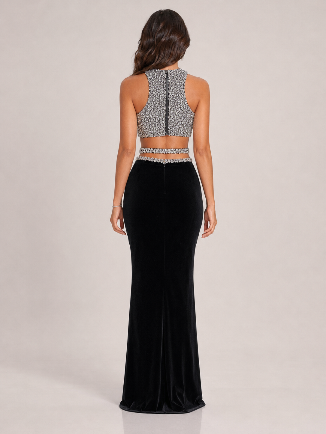 Soraya | Diamante Halter & Velvet Maxi Skirt Set