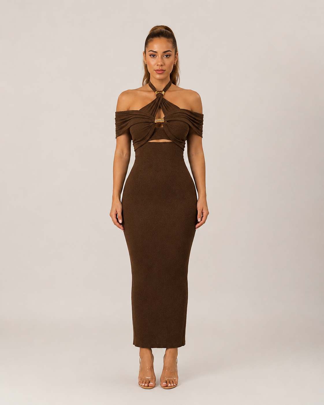 Adriana | Cut-Out Gold Detail Brown Maxi Dress