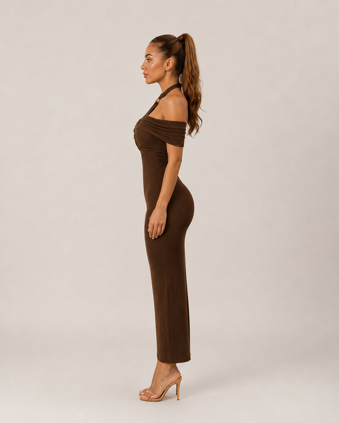 Adriana | Cut-Out Gold Detail Brown Maxi Dress