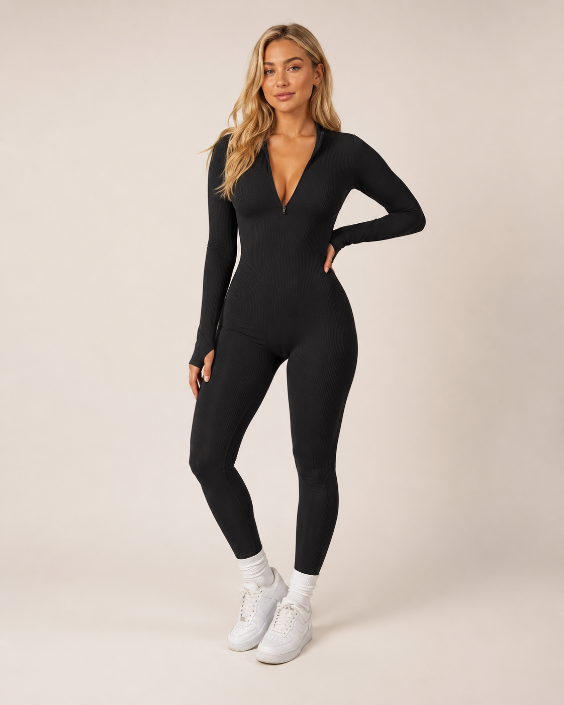 Isolde | Ankle-Length Ribbed Thumb-Hole Sports Jumpsuit