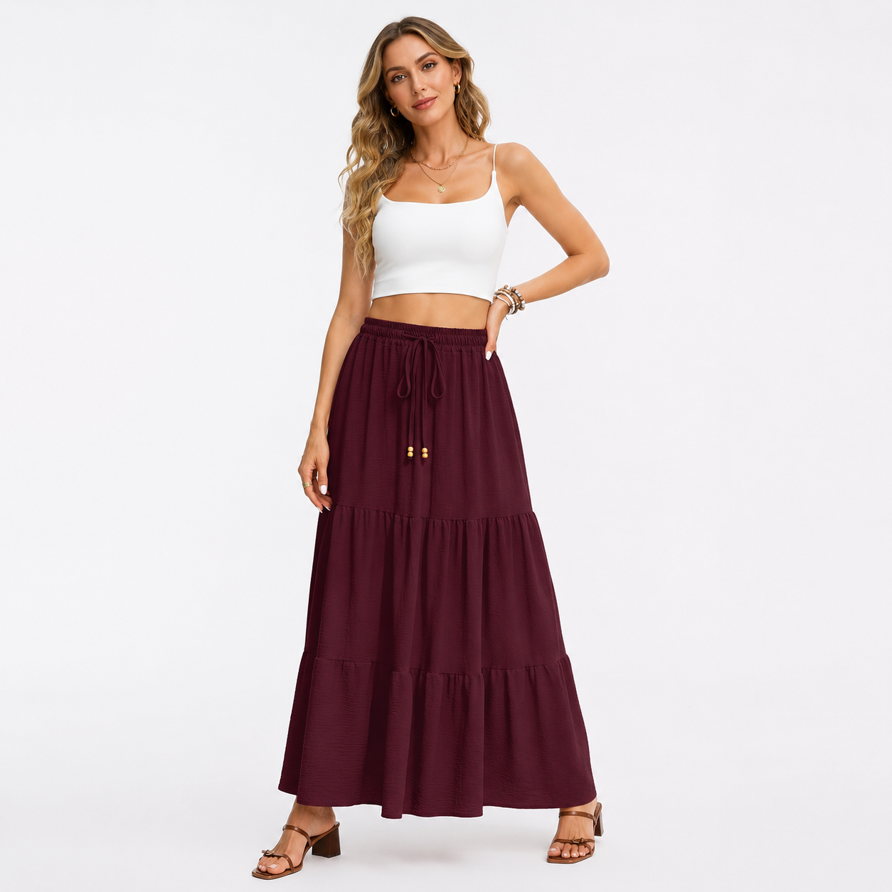 Leticia | Tiered Drawstring Casual Maxi Skirt