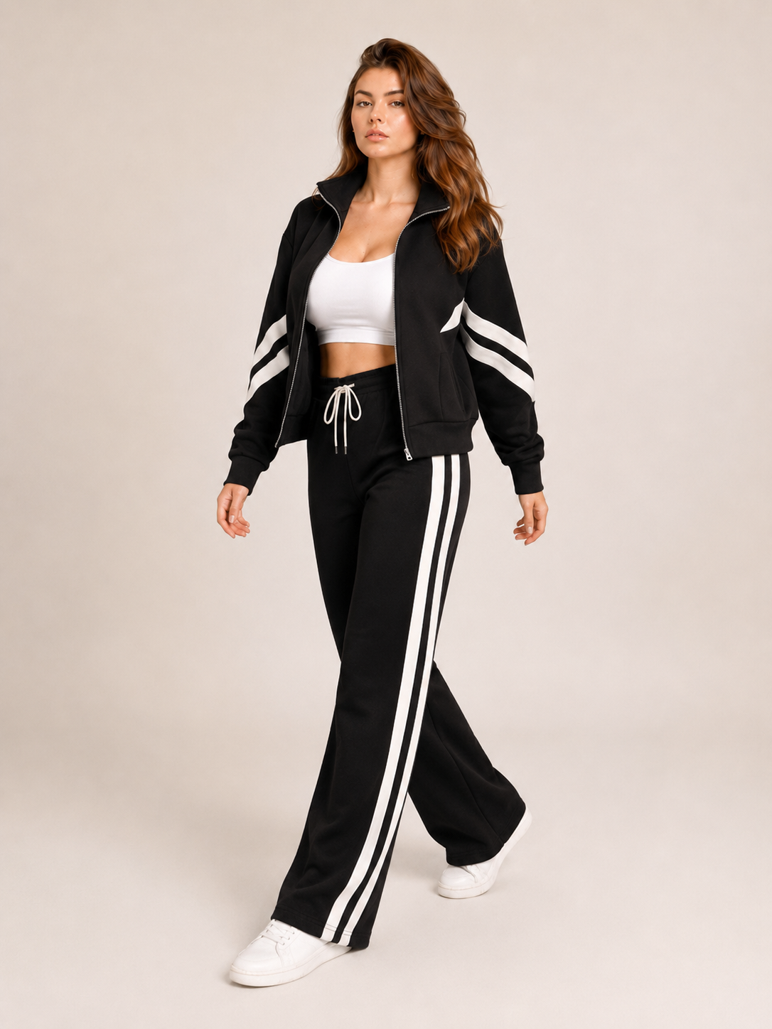 Savra | Contrast Stripe Knit Two-Piece Tracksuit Set
