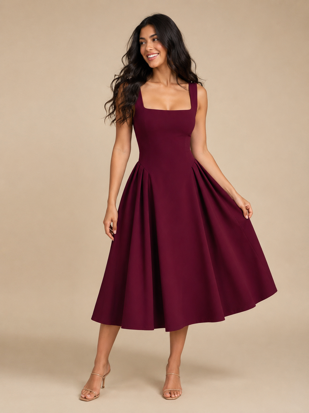 Ines | Square Neck Flared Midi Dress