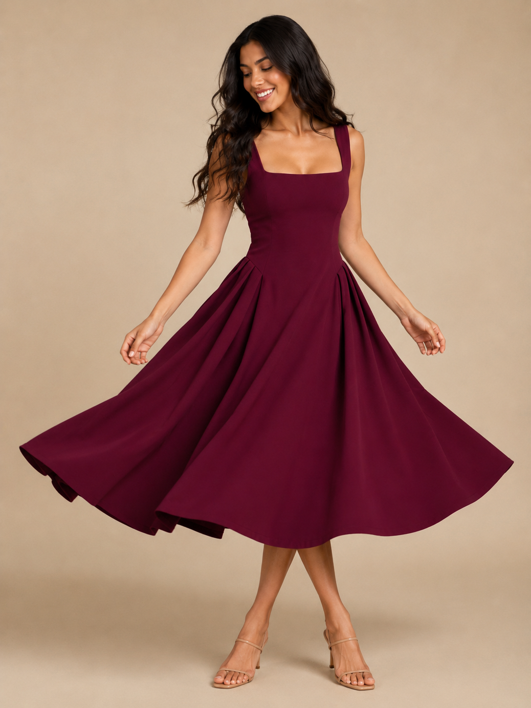 Ines | Square Neck Flared Midi Dress