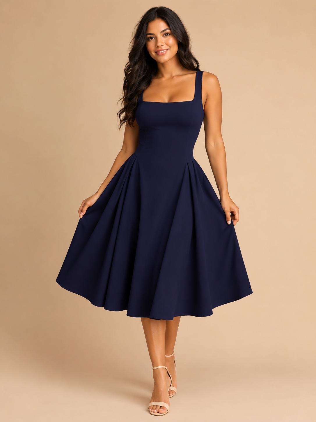 Ines | Square Neck Flared Midi Dress