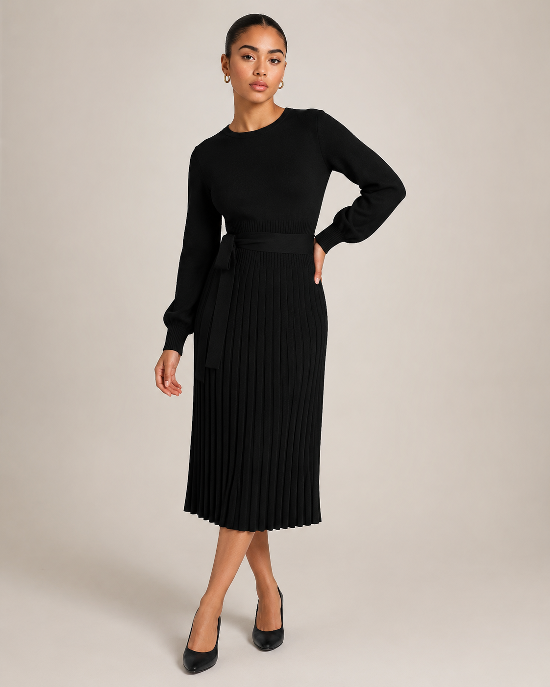 Paloma | Long Sleeve Pleated Midi Dress