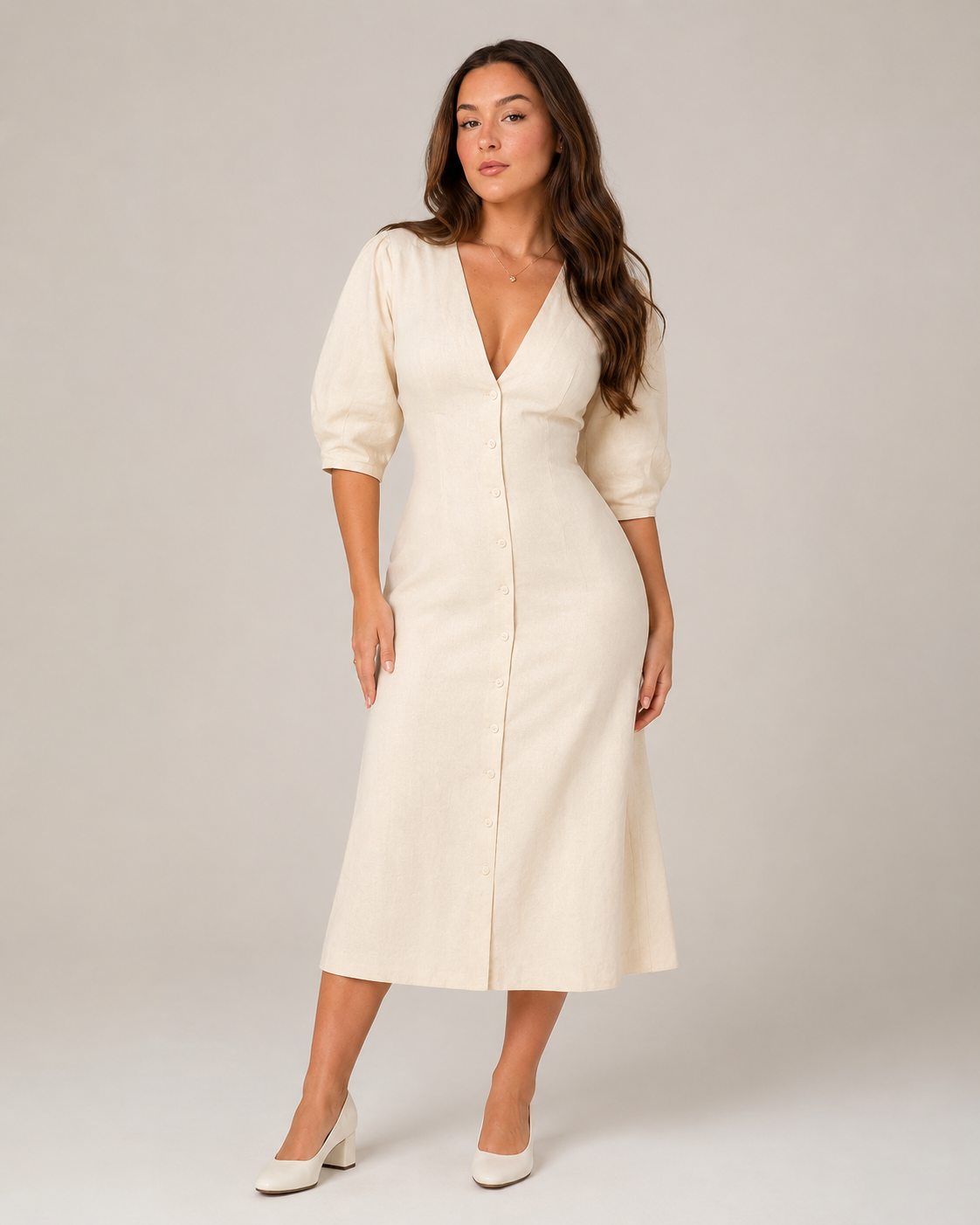 Peyton | Button-Front V-Neck Midi Dress