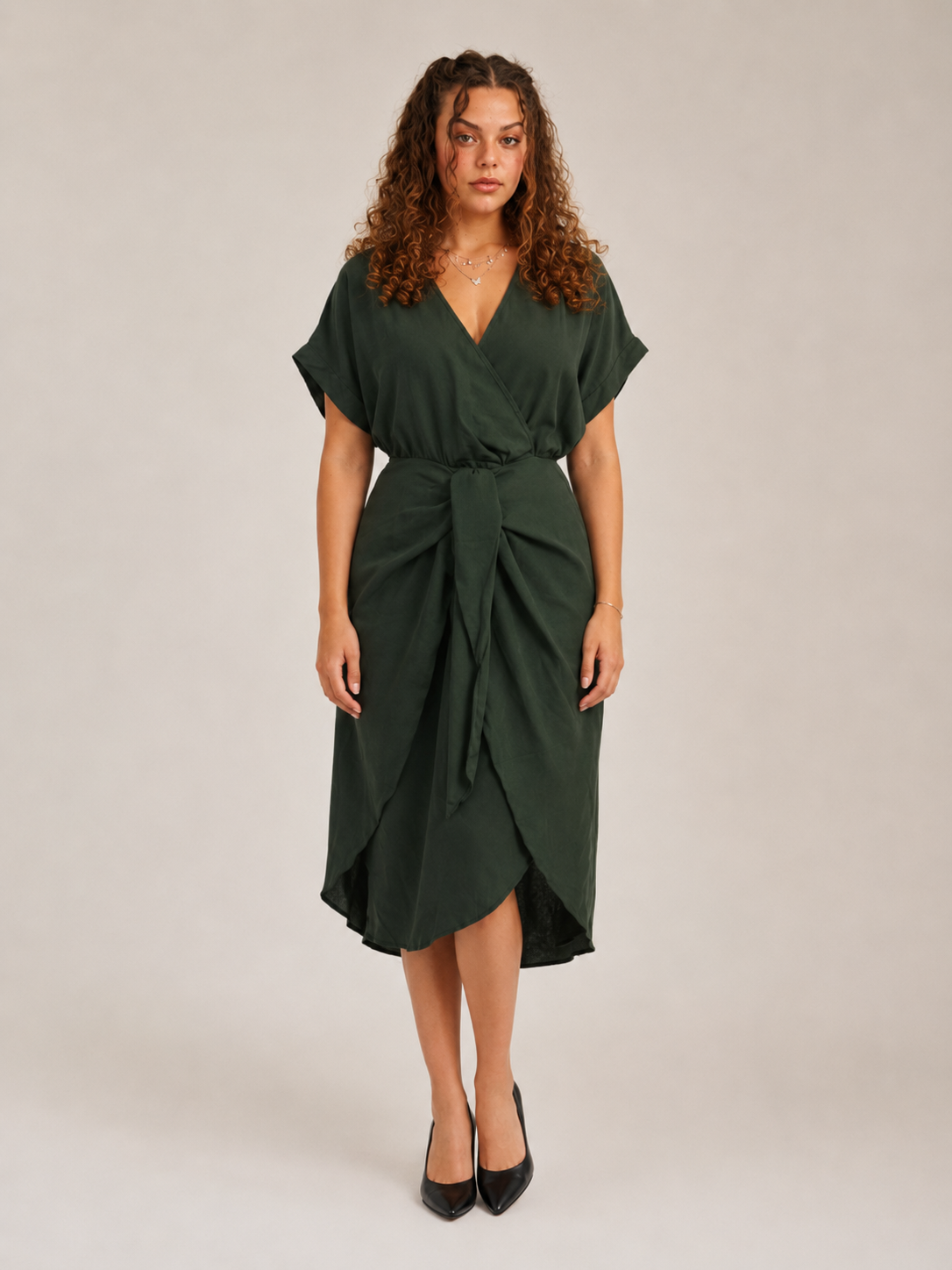 Della | Wrap Belted Emerald Green Midi Dress