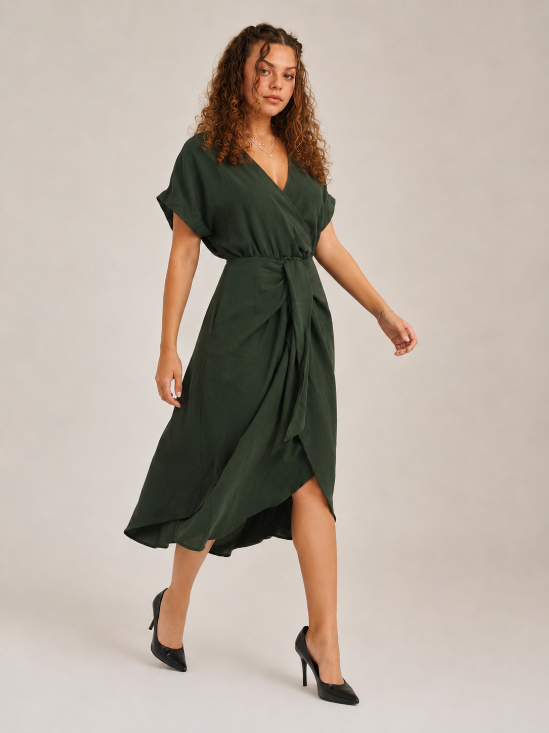 Della | Wrap Belted Emerald Green Midi Dress