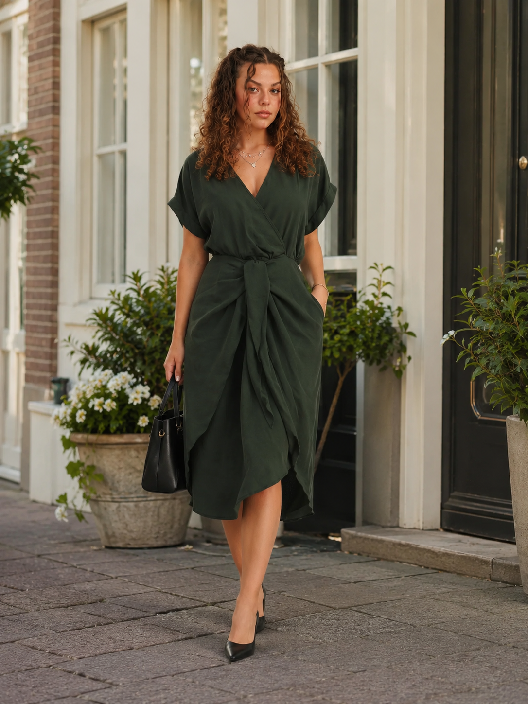 Della | Wrap Belted Emerald Green Midi Dress