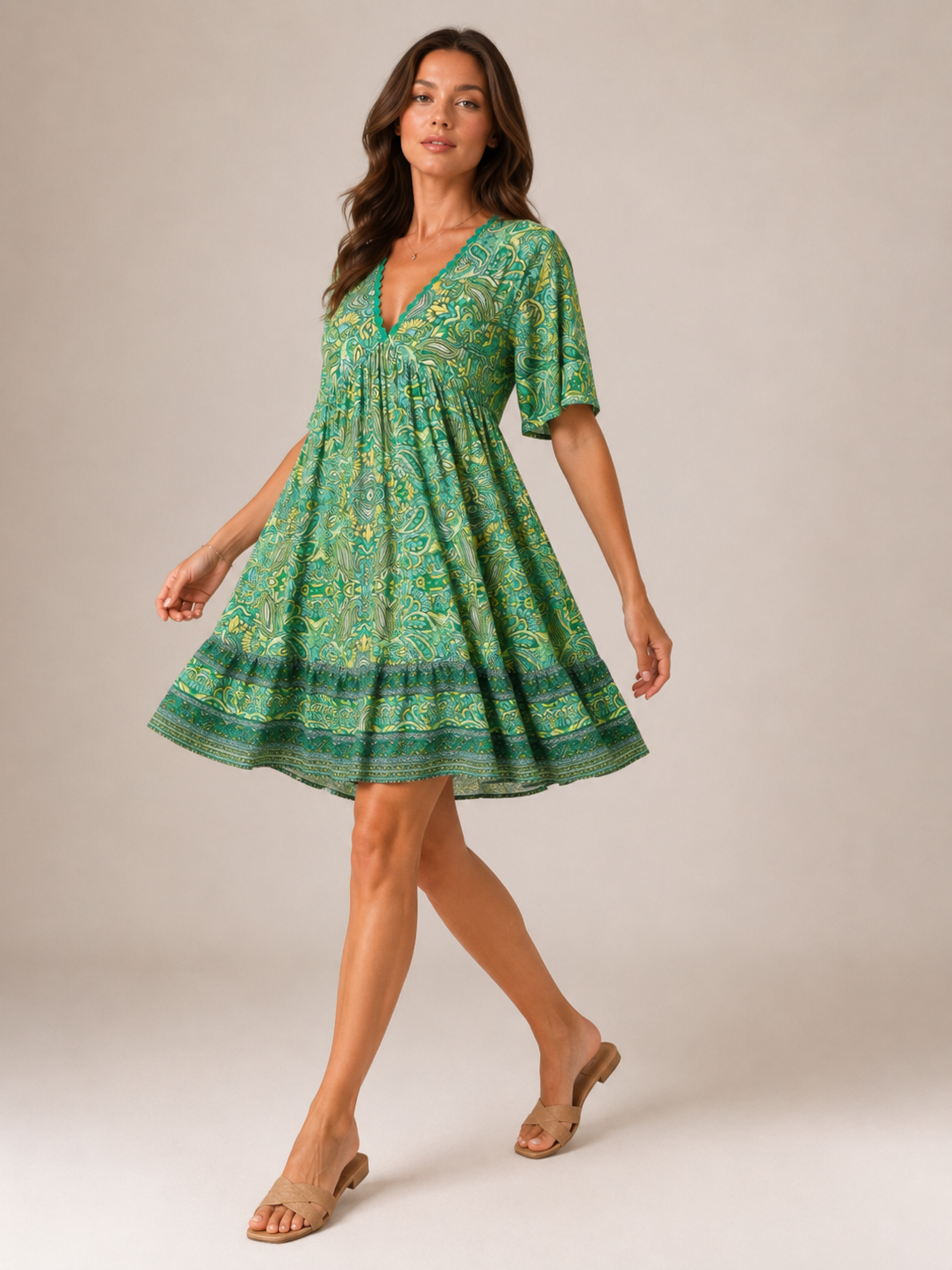 Priya | V-Neck All Over Print Boho Mini Dress