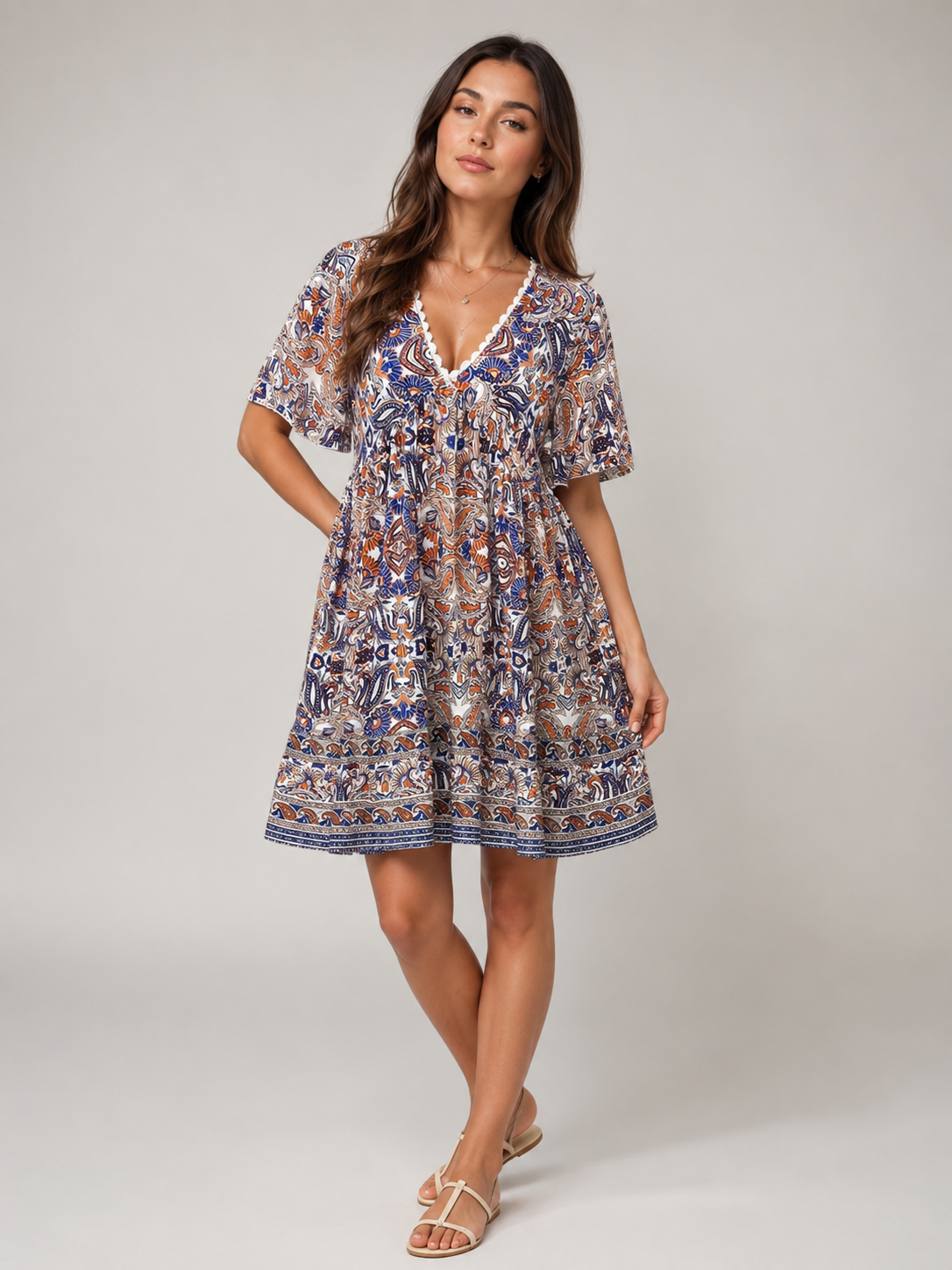 Priya | V-Neck All Over Print Boho Mini Dress