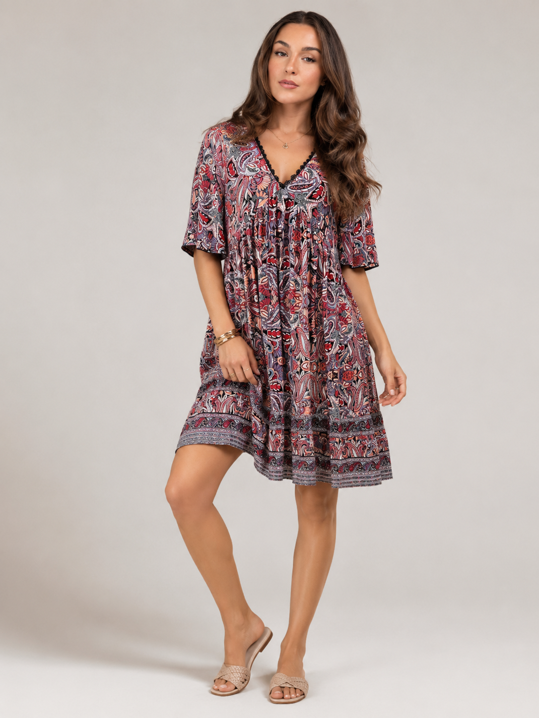 Priya | V-Neck All Over Print Boho Mini Dress