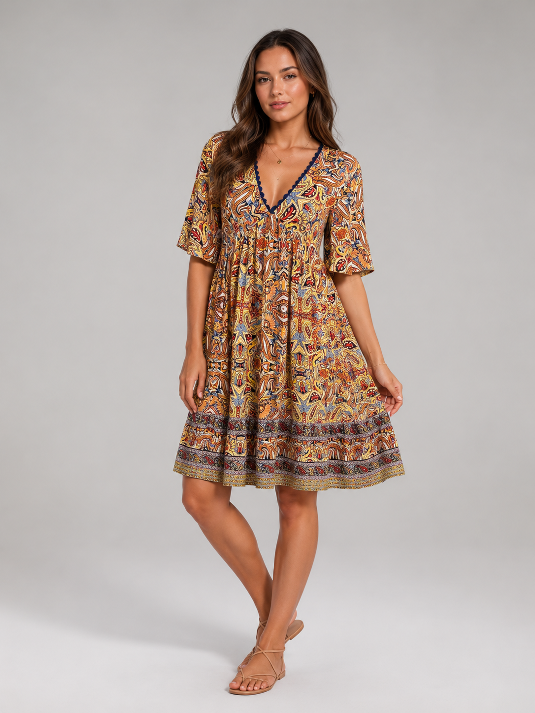 Priya | V-Neck All Over Print Boho Mini Dress