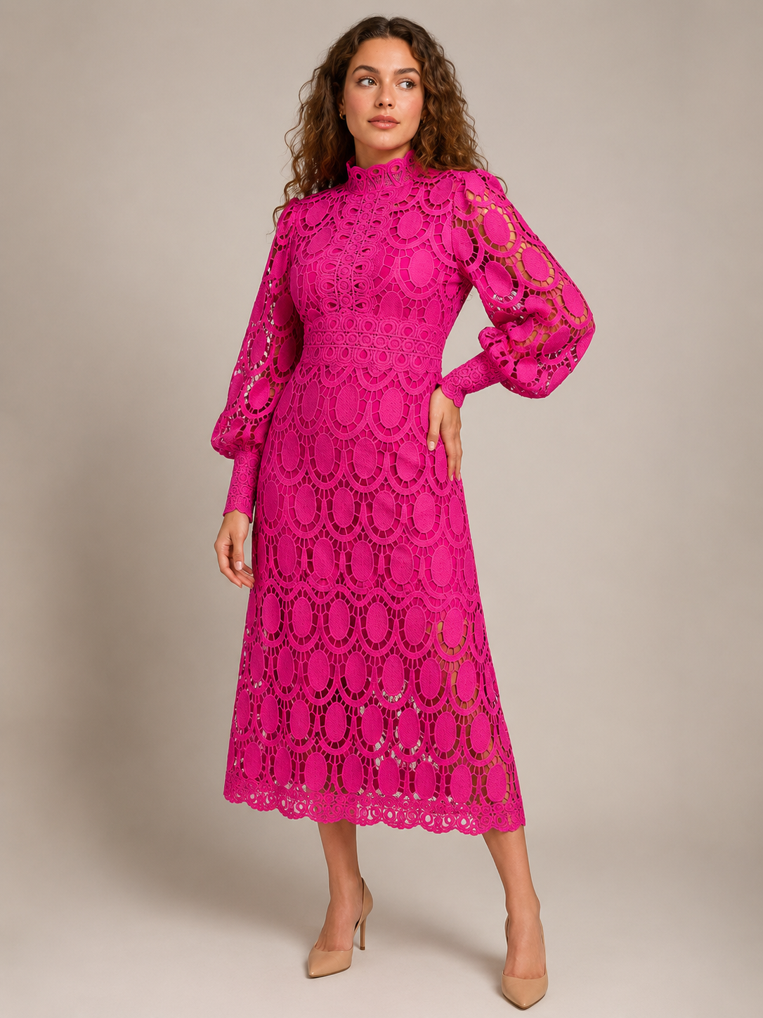 Imogen | Long Sleeve Lace Midi Dress with High Collar