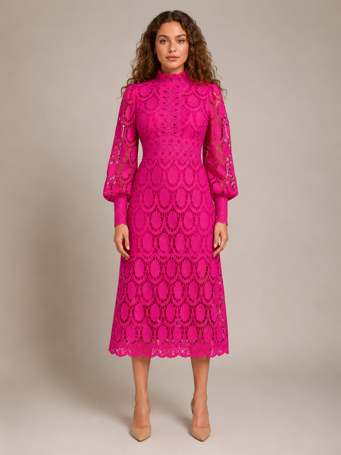 Imogen | Long Sleeve Lace Midi Dress with High Collar