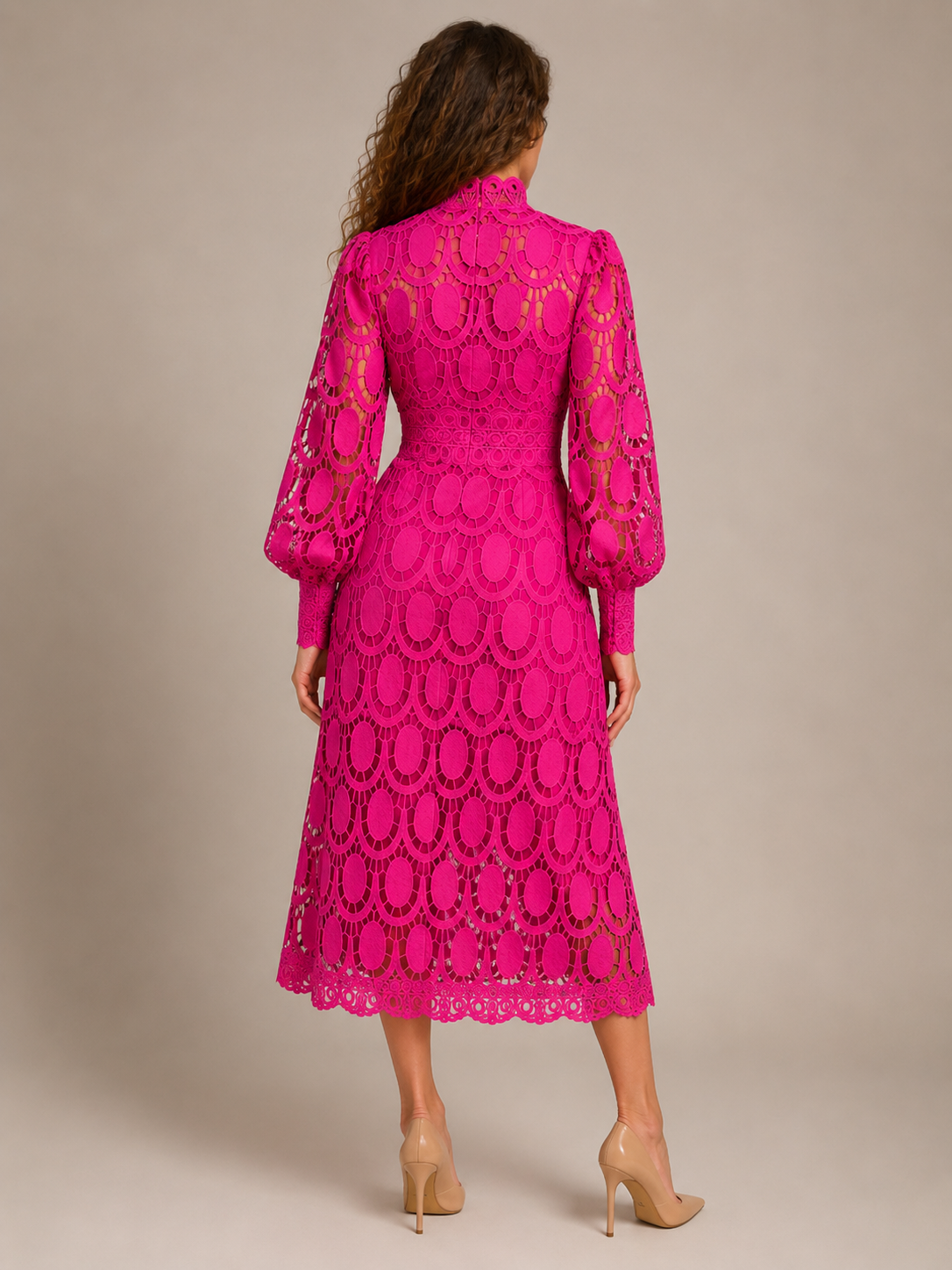 Imogen | Long Sleeve Lace Midi Dress with High Collar
