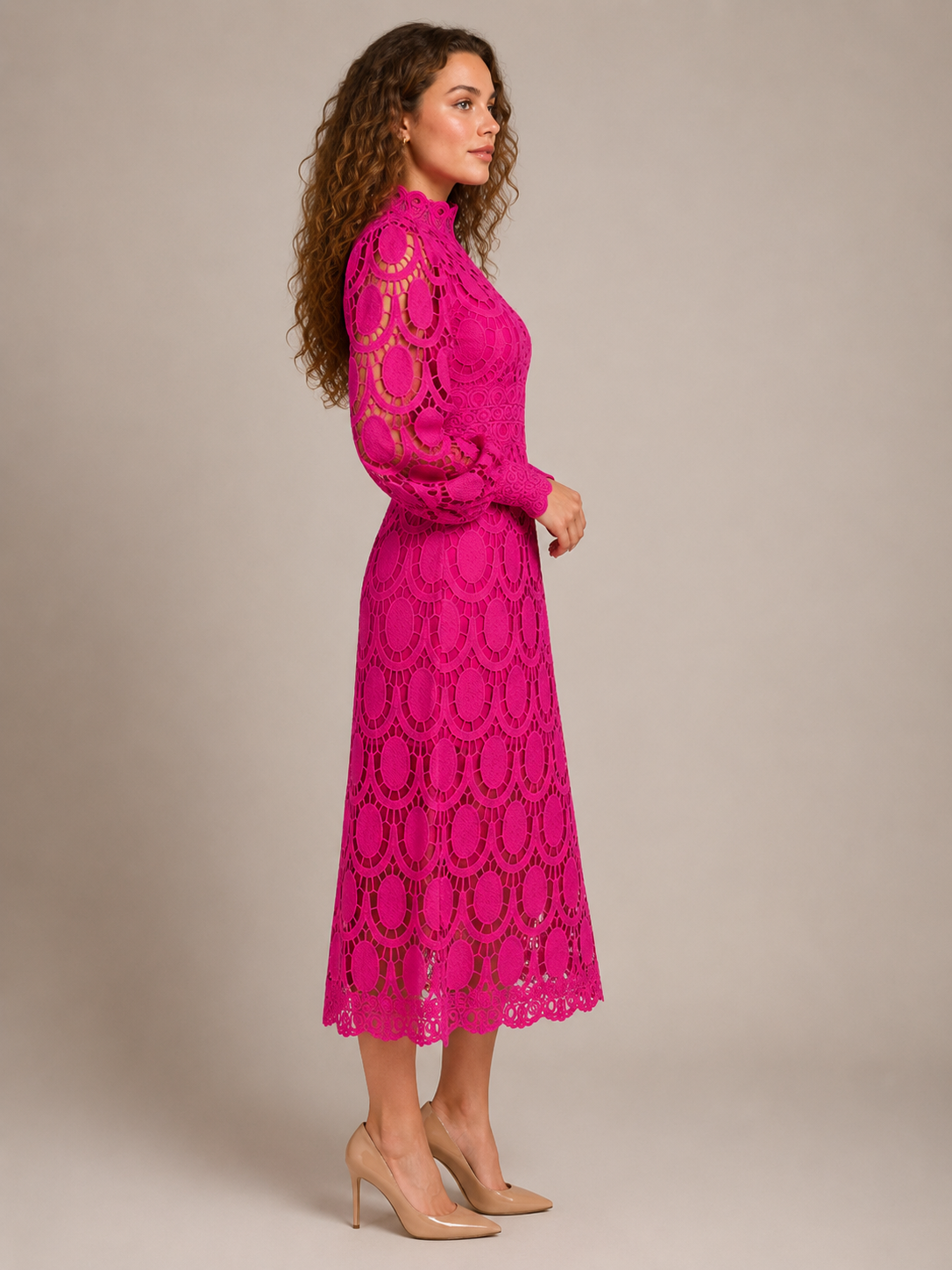 Imogen | Long Sleeve Lace Midi Dress with High Collar