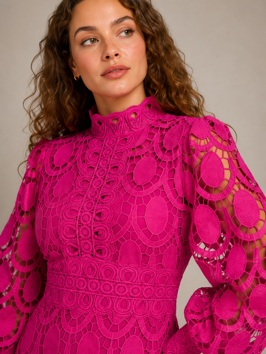 Imogen | Long Sleeve Lace Midi Dress with High Collar