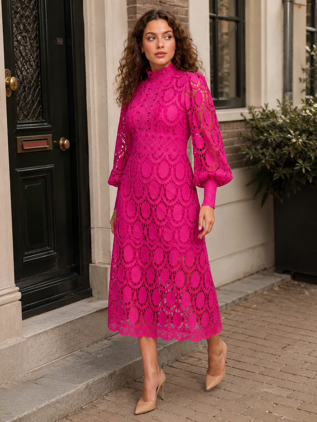 Imogen | Long Sleeve Lace Midi Dress with High Collar