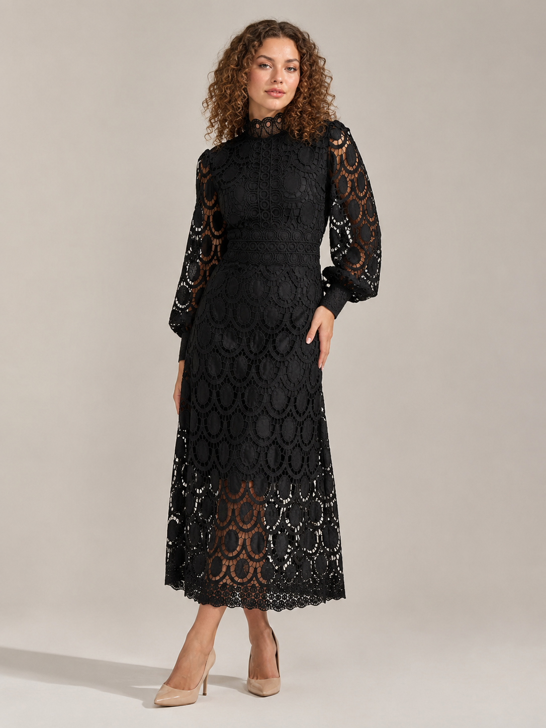 Imogen | Long Sleeve Lace Midi Dress with High Collar