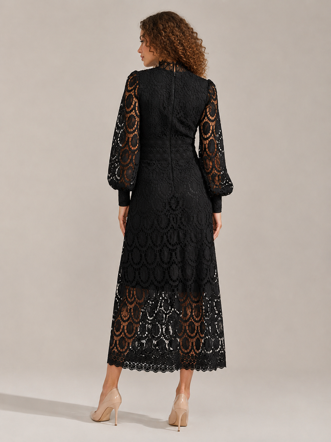 Imogen | Long Sleeve Lace Midi Dress with High Collar