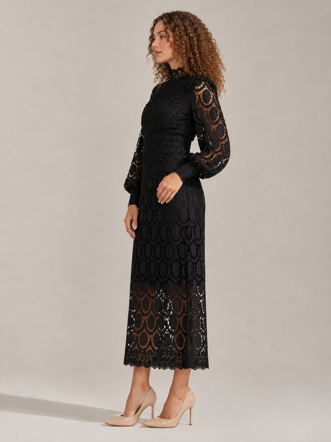 Imogen | Long Sleeve Lace Midi Dress with High Collar