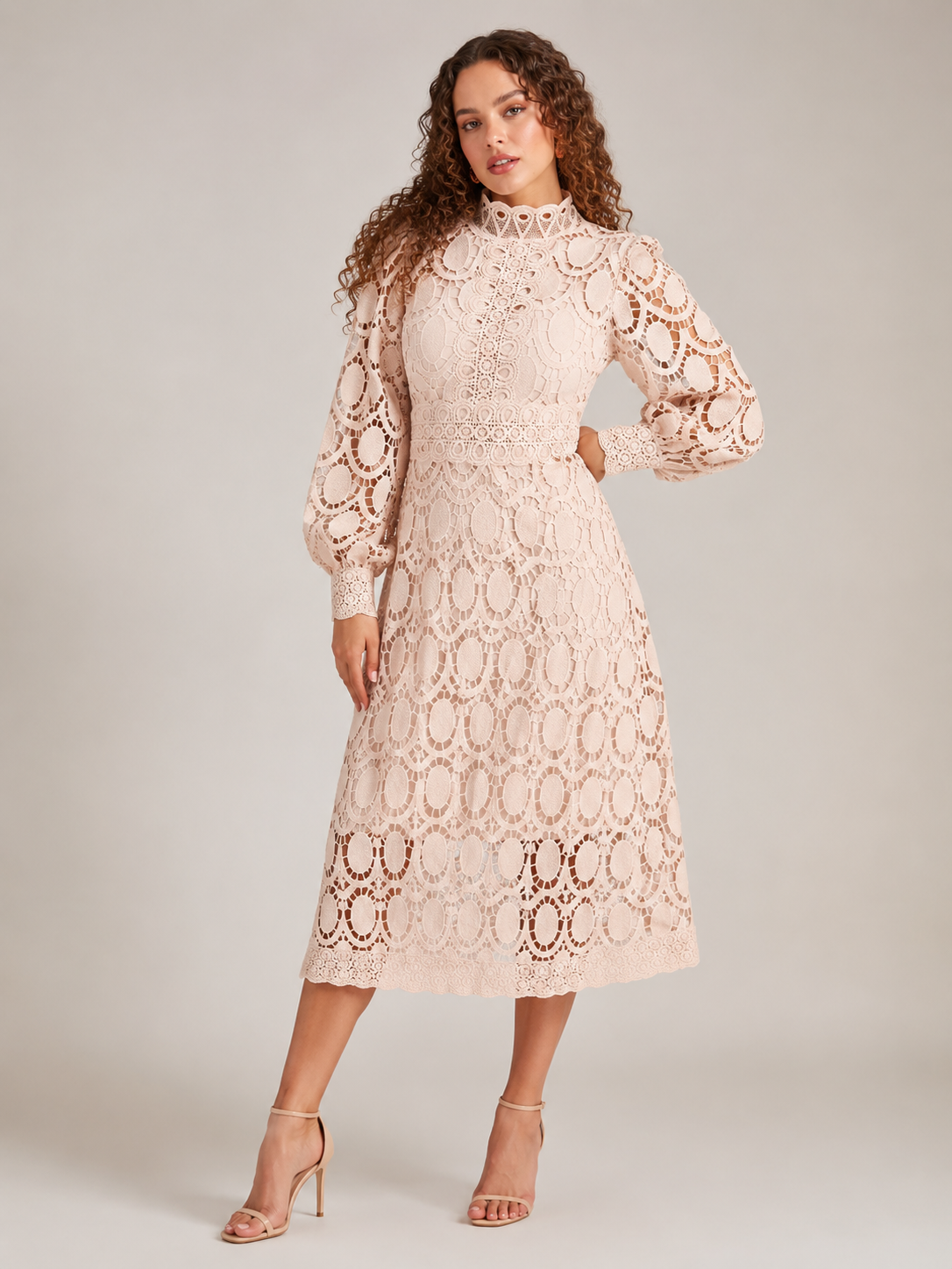 Imogen | Long Sleeve Lace Midi Dress with High Collar