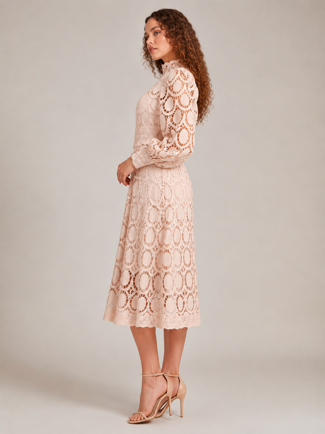 Imogen | Long Sleeve Lace Midi Dress with High Collar