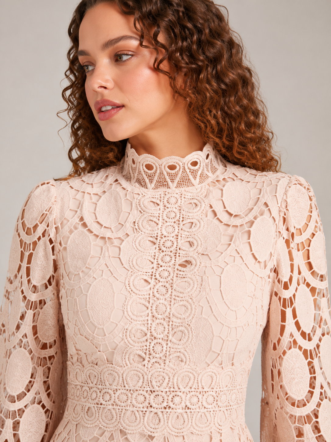 Imogen | Long Sleeve Lace Midi Dress with High Collar