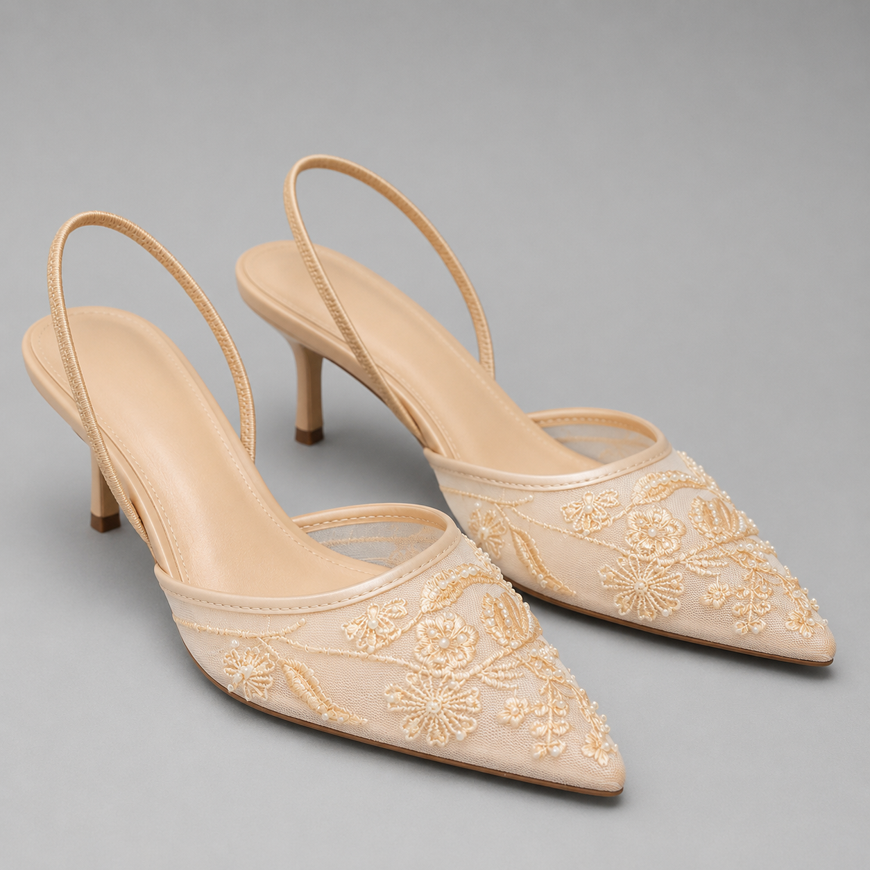 Leona | Embroidered Mesh Kitten Heel Slingbacks