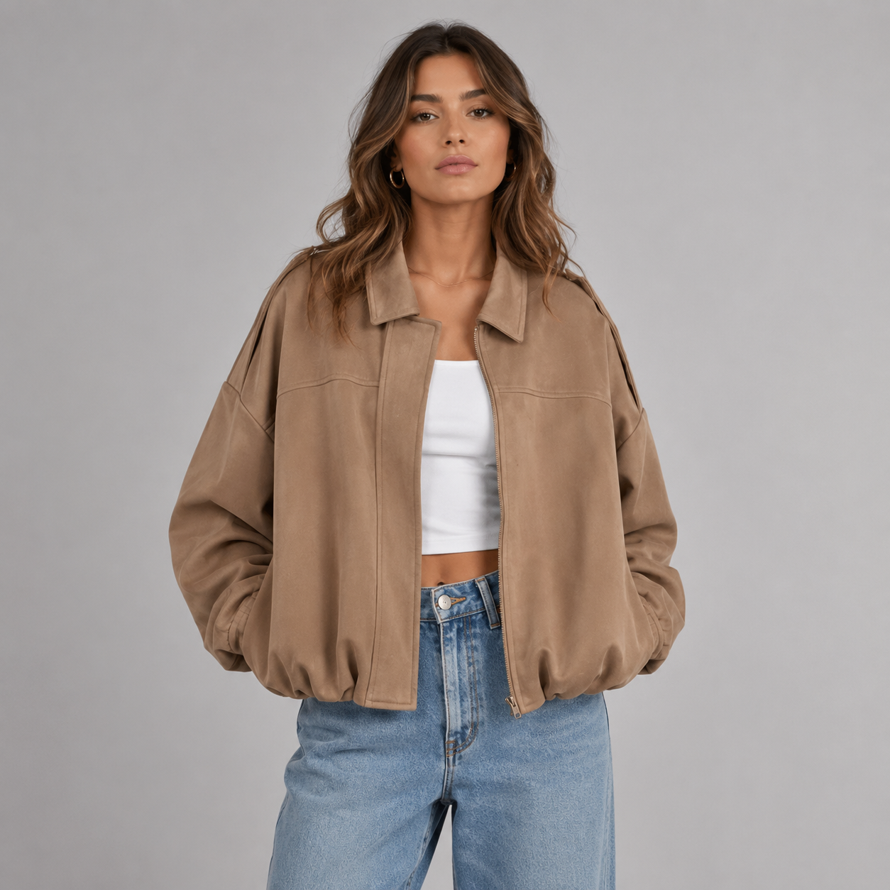 Mabel | Collared Faux Suede Bomber Jacket