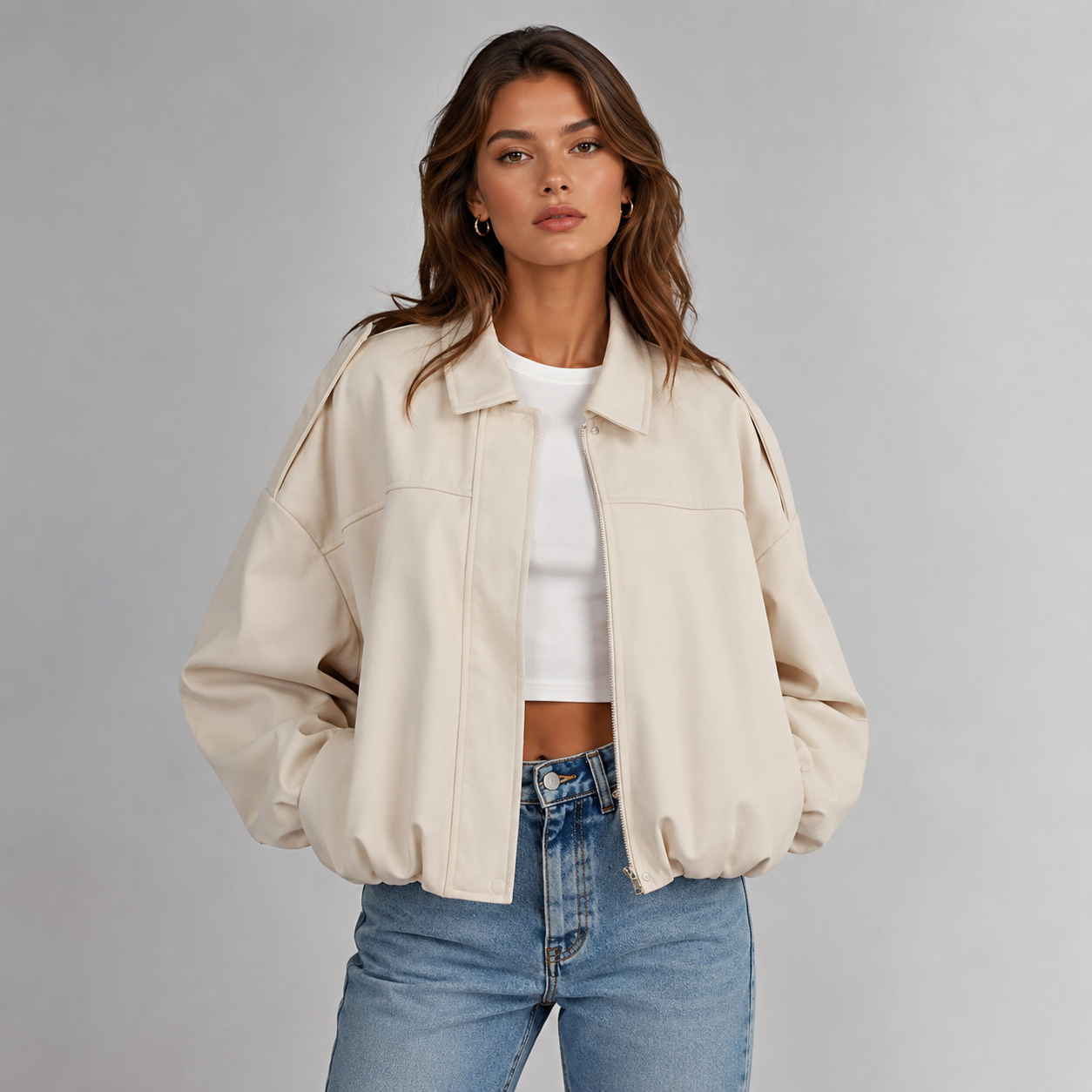Mabel | Collared Faux Suede Bomber Jacket