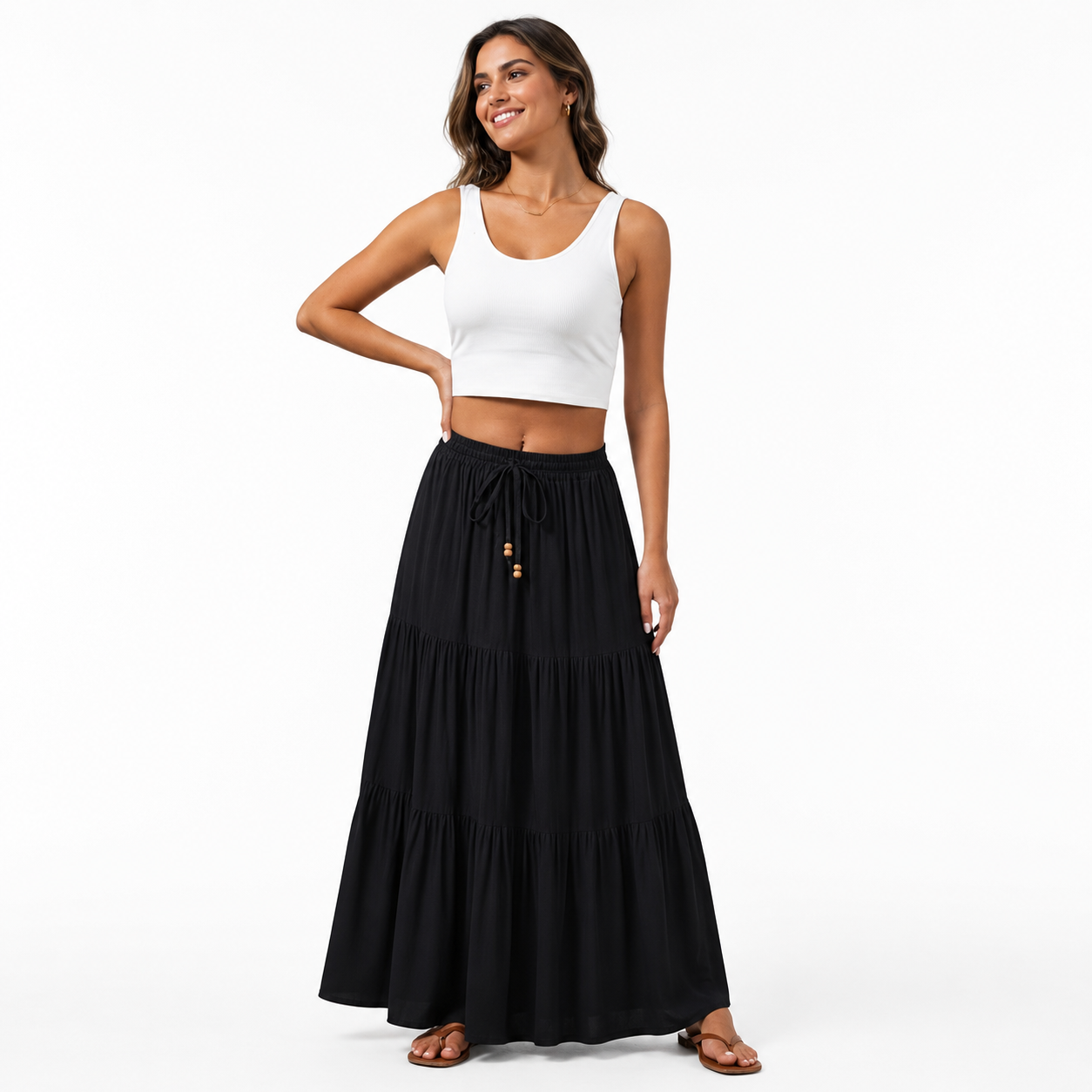 Leticia | Tiered Drawstring Casual Maxi Skirt