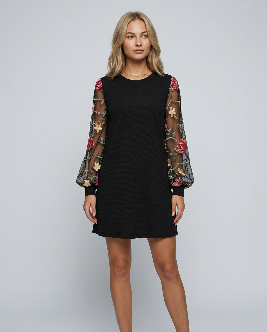 Selene | Floral Embroidered Bishop Sleeve Mini Dress