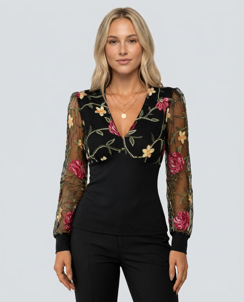 Freya | Floral Embroidered Mesh Deep V Long Sleeve Blouse