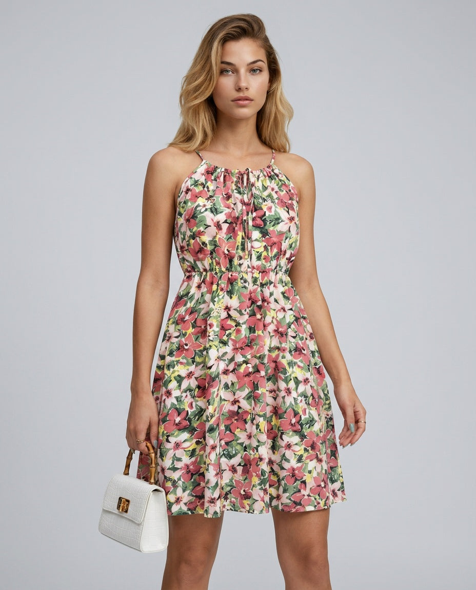 Odette | Floral Ruched Spaghetti Strap Mini Dress
